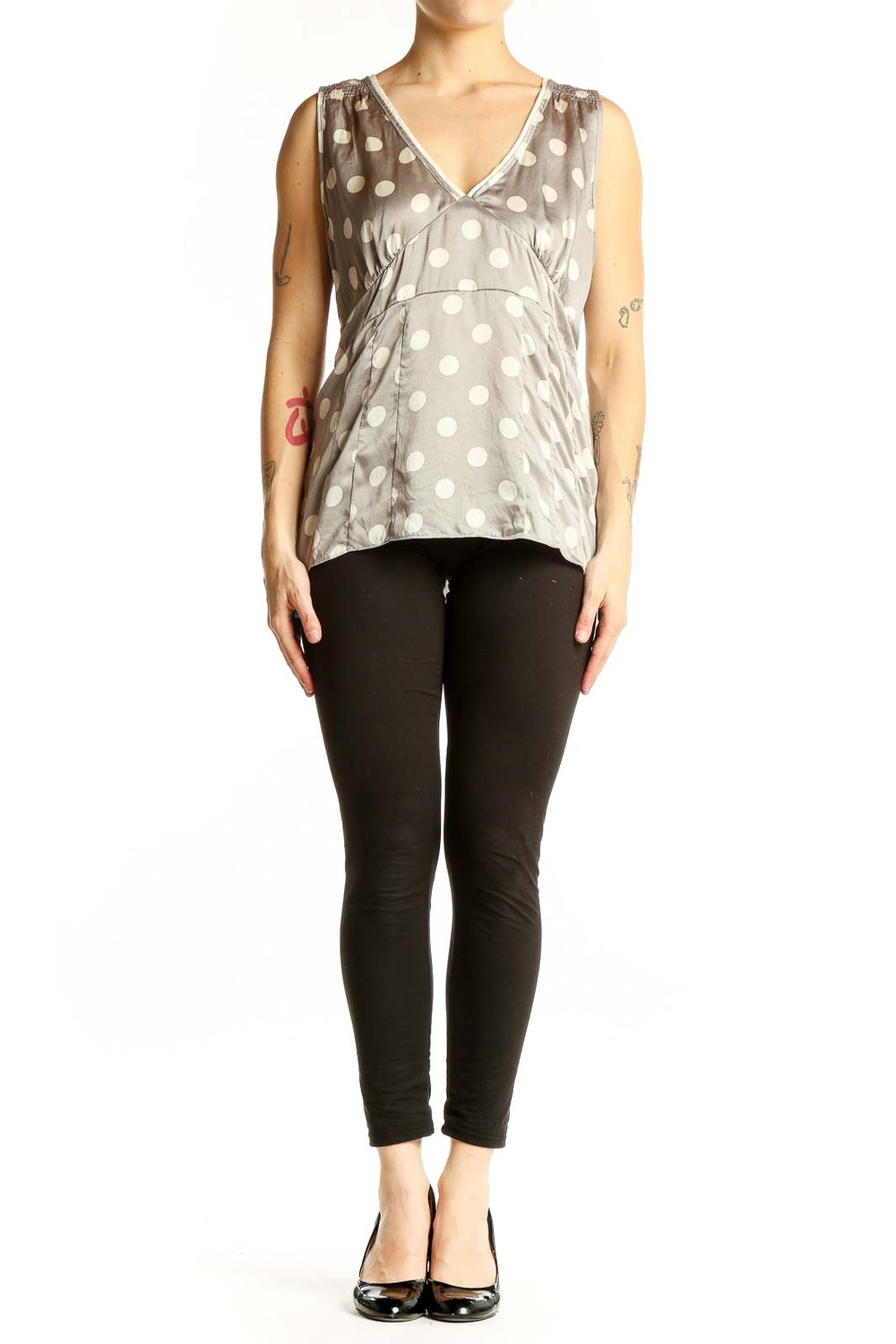 Front view of Gray Polka Dot Silk Sleeveless Top from White House Black Market