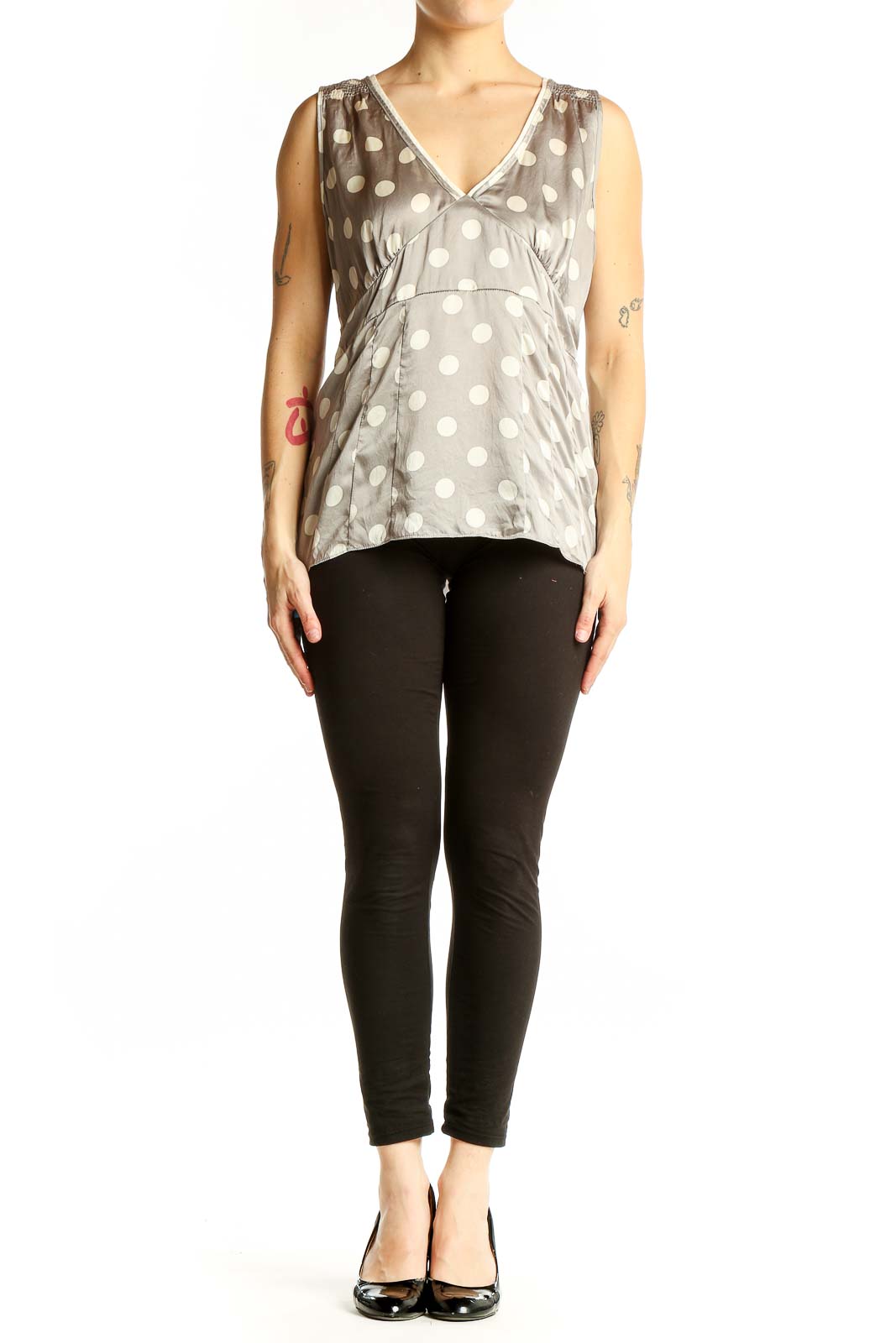 Front view of Gray Polka Dot Silk Sleeveless Top from White House Black Market