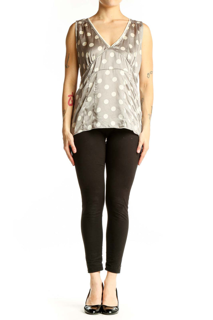 Front view of Gray Polka Dot Silk Sleeveless Top from White House Black Market