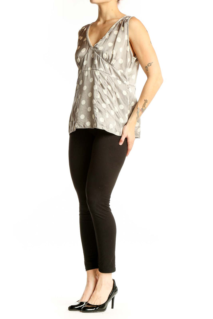 Front view of Gray Polka Dot Silk Sleeveless Top from White House Black Market