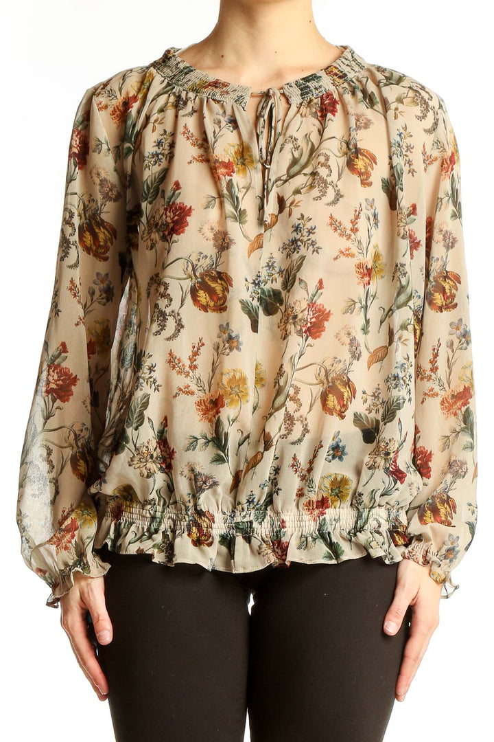 Front view of Zara Basic beige floral print peasant blouse with gathered neckline