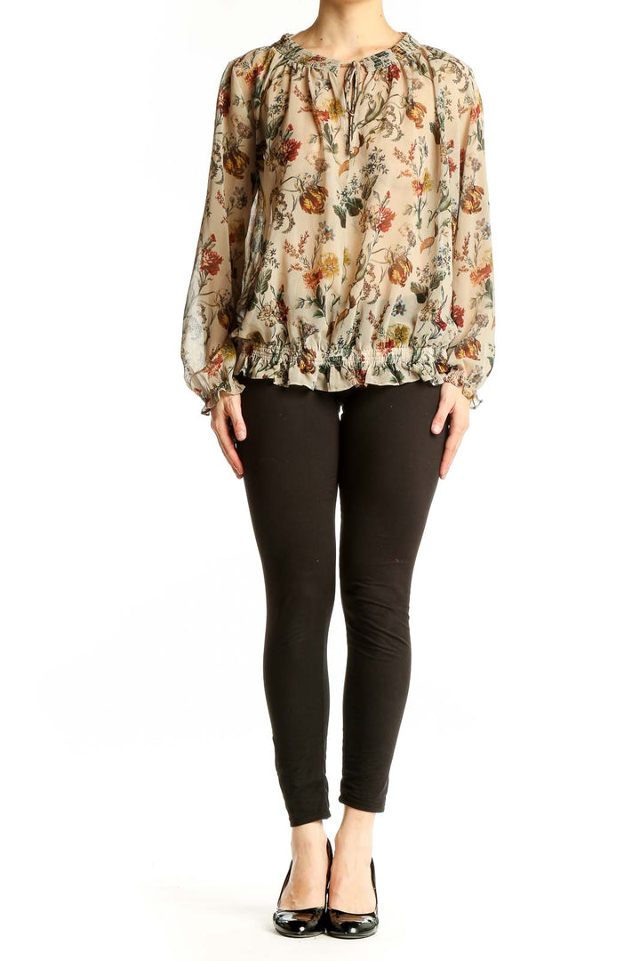 Front view of Zara Basic beige floral print peasant blouse with gathered neckline