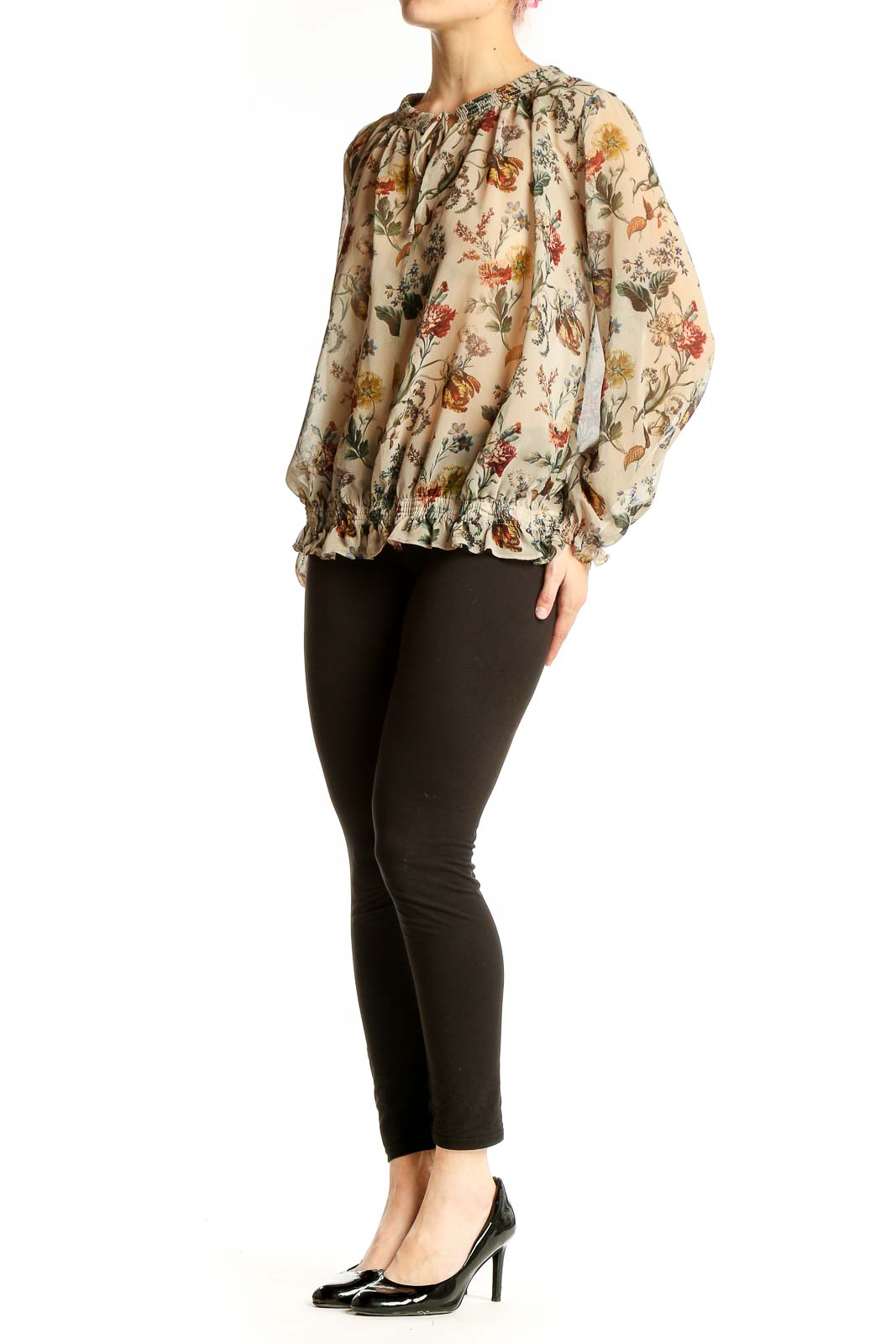 Front view of Zara Basic beige floral print peasant blouse with gathered neckline