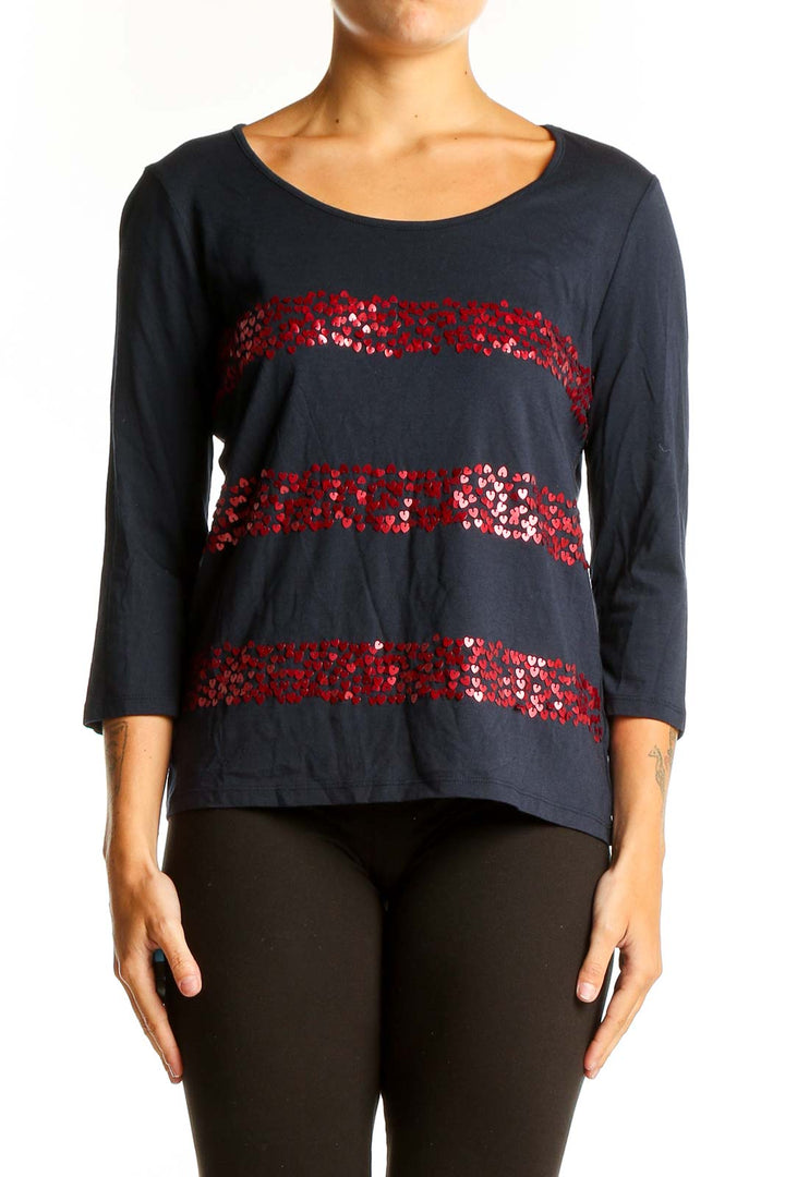 Front view of navy Talbots top with red sequined stripes