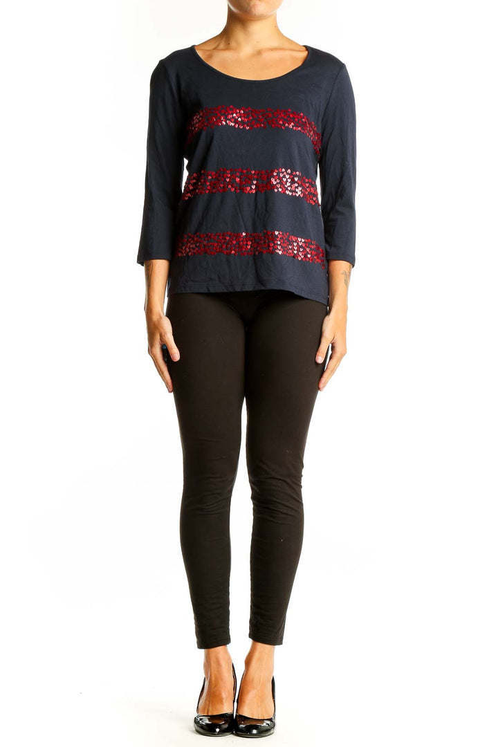 Front view of navy Talbots top with red sequined stripes