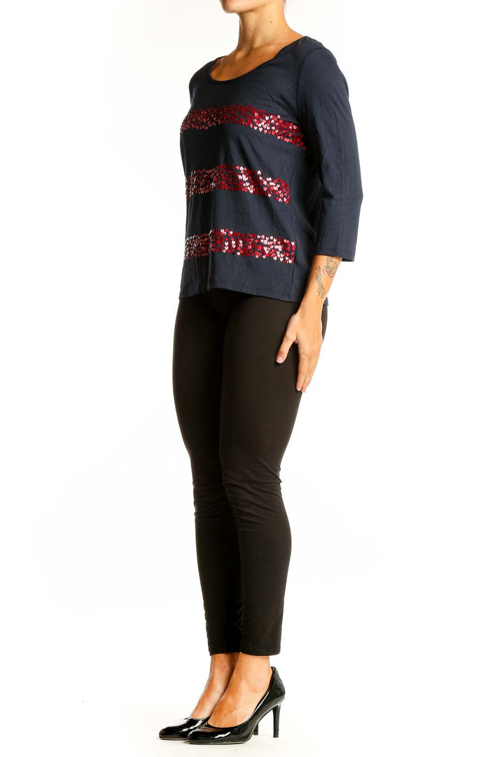 Front view of navy Talbots top with red sequined stripes