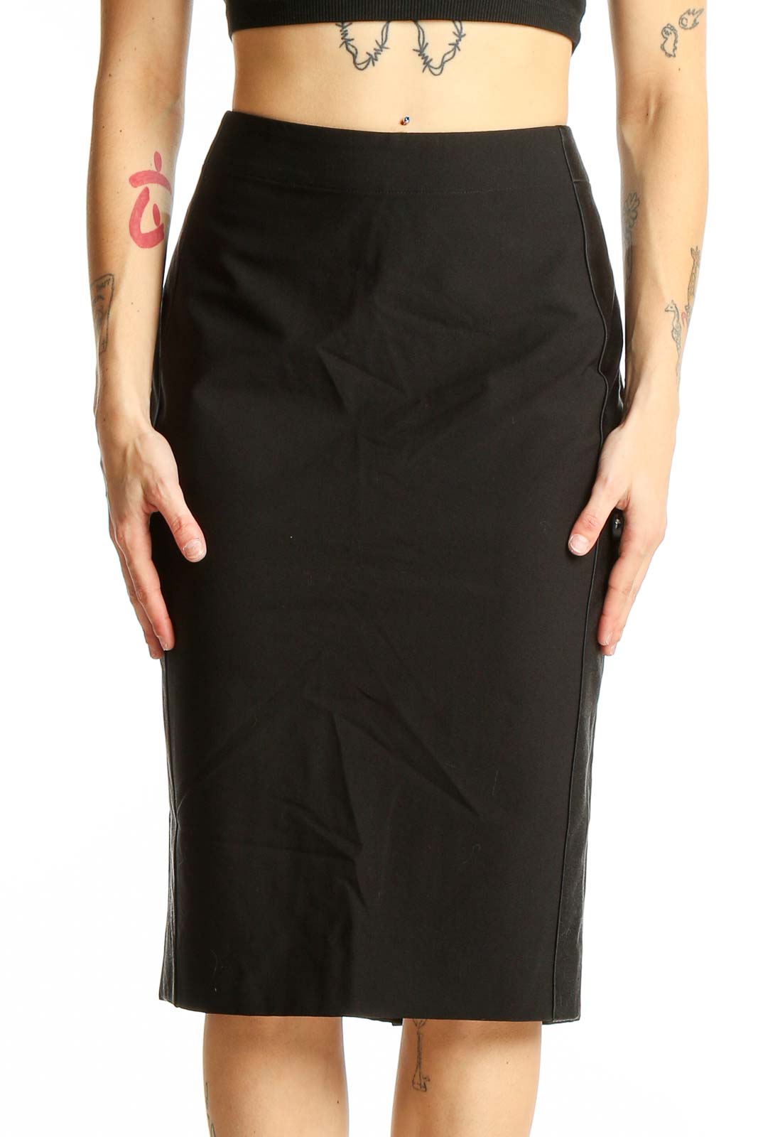 Front view of Donna Karan New York black wool blend pencil skirt