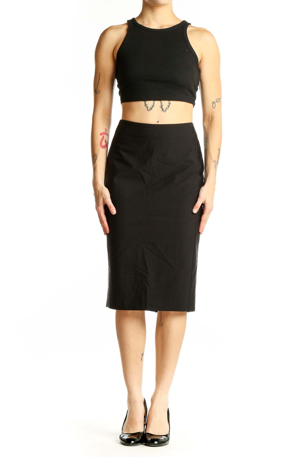Front view of Donna Karan New York black wool blend pencil skirt