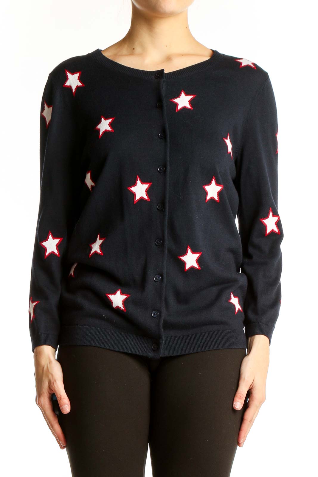 Front view of Talbots black cardigan with white and red star pattern
