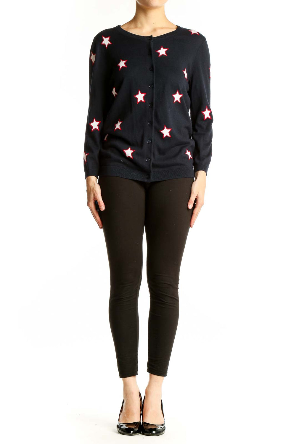 Front view of Talbots black cardigan with white and red star pattern
