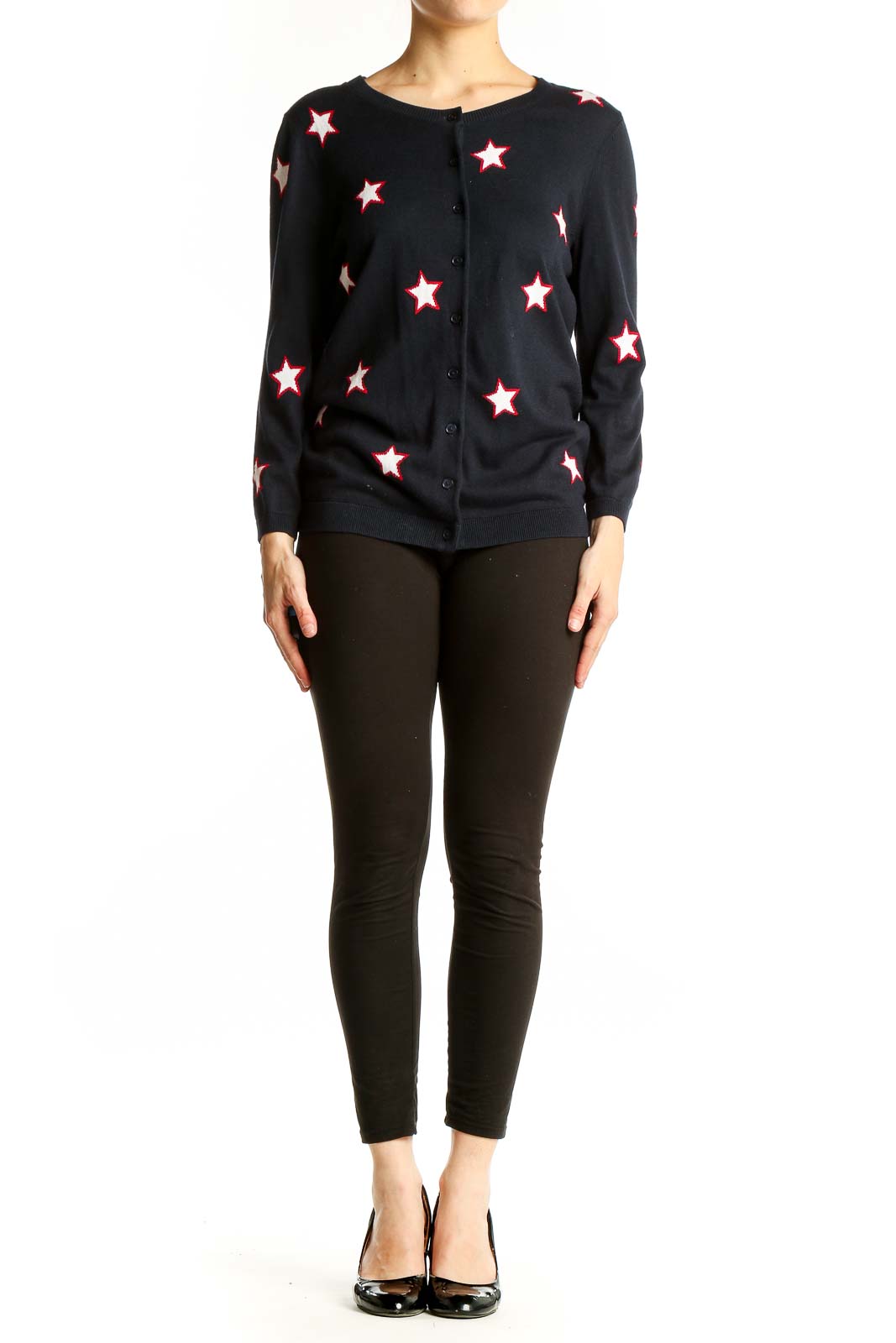 Front view of Talbots black cardigan with white and red star pattern