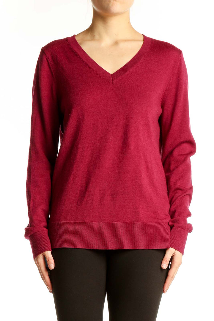 Front view of Katherine Barclay red Merino wool V-neck sweater
