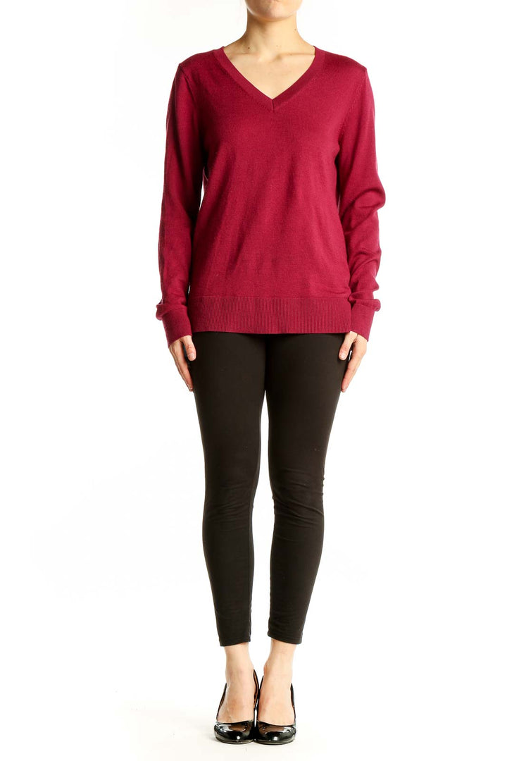 Front view of Katherine Barclay red Merino wool V-neck sweater