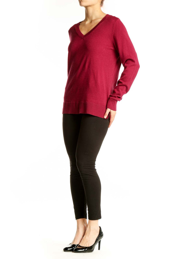 Front view of Katherine Barclay red Merino wool V-neck sweater