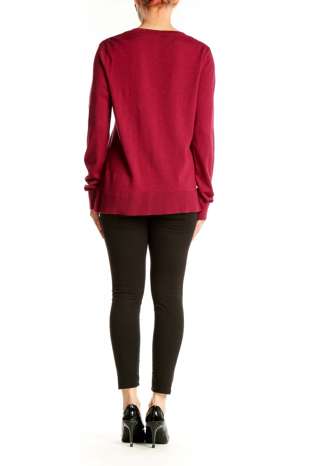 Side view of Katherine Barclay red Merino wool V-neck sweater on model
