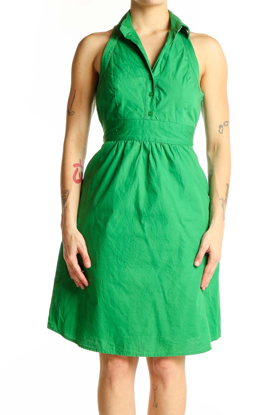 Front view of green cotton halter neck dress by Maeve