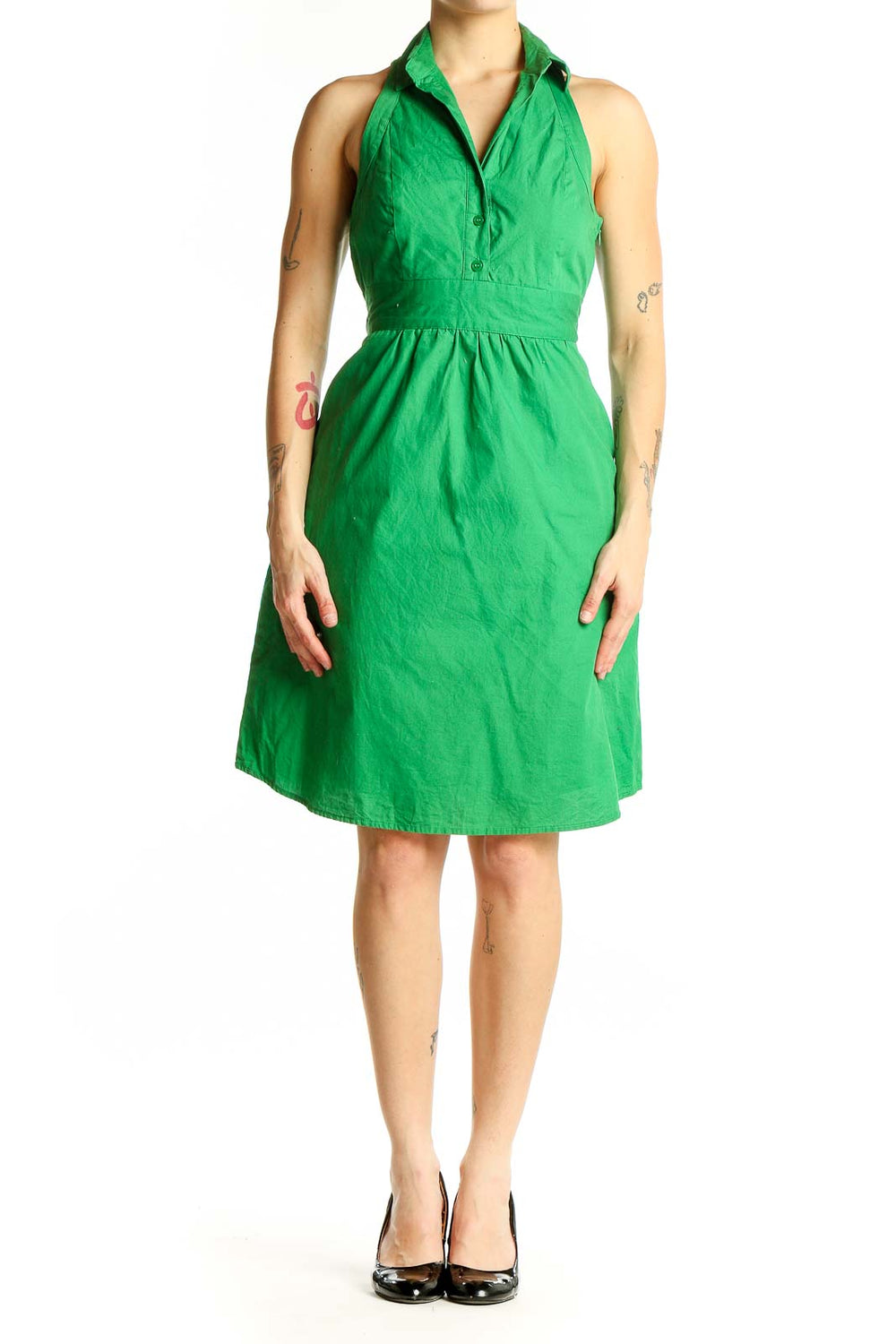 Front view of green cotton halter neck dress by Maeve