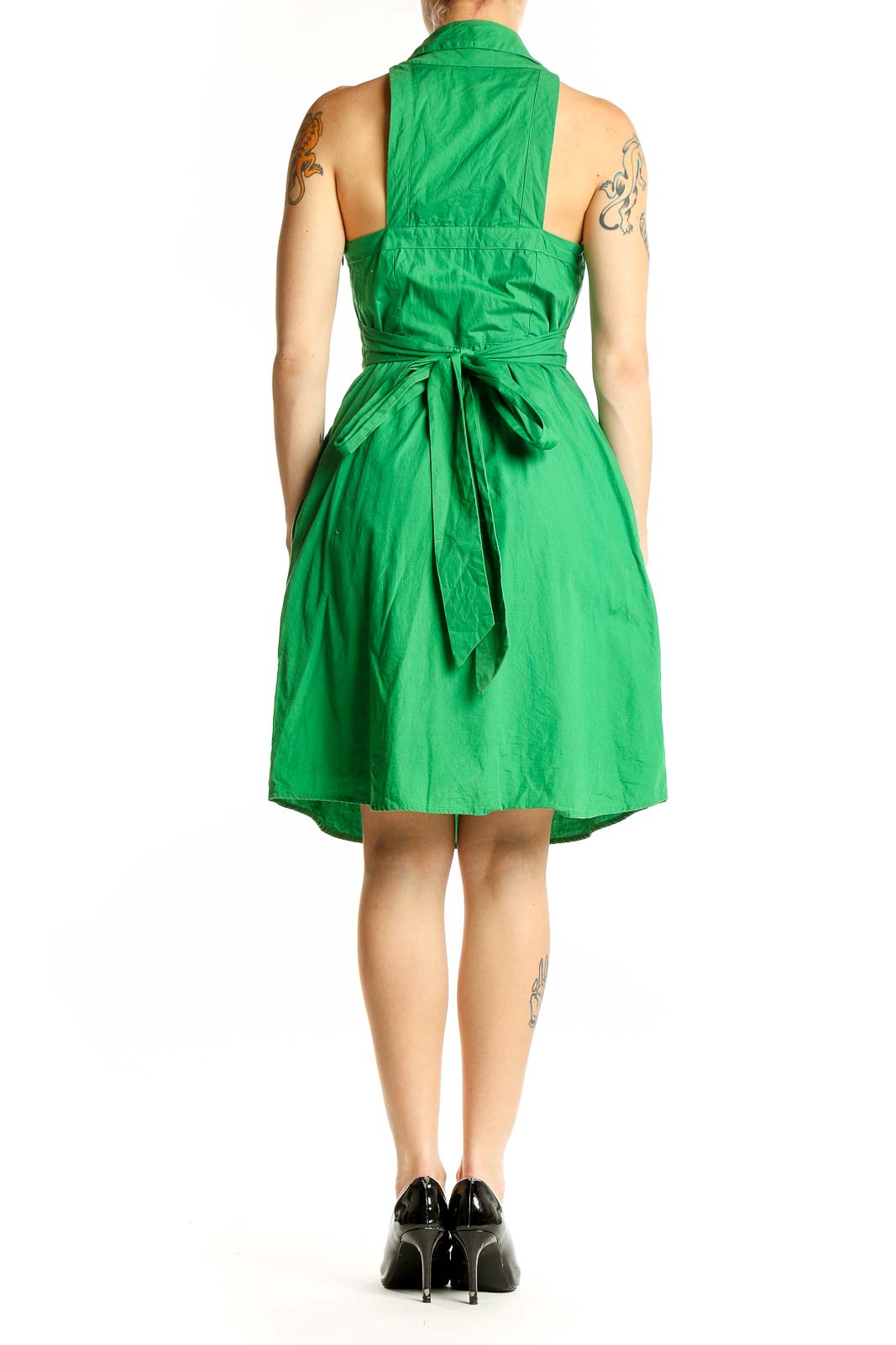 Side view of green cotton halter neck dress by Maeve