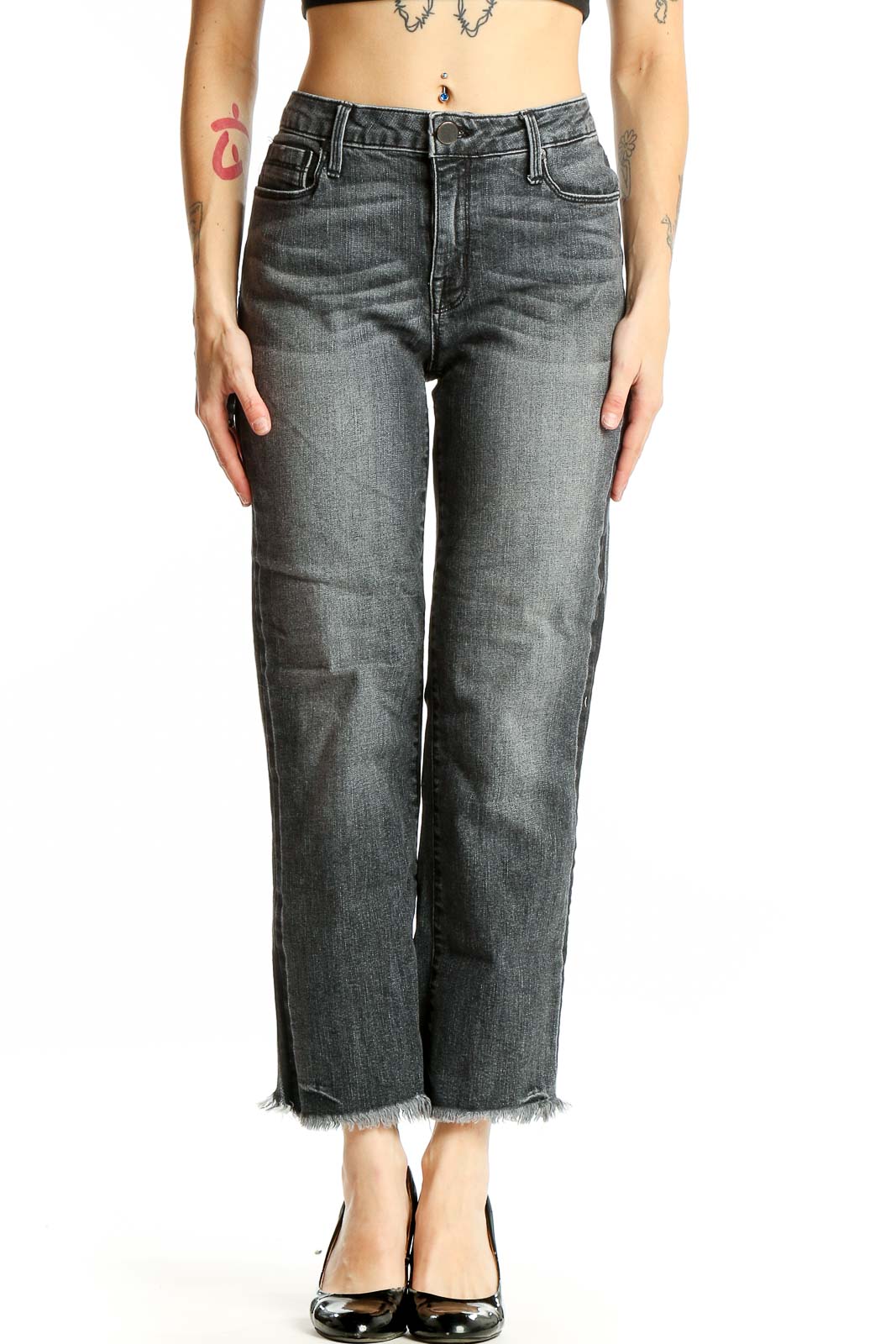 Front view of PS Parker Smith gray distressed cropped straight leg jeans
