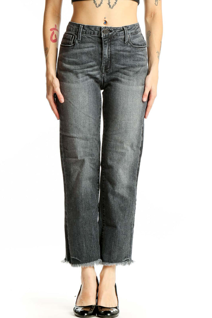 Front view of PS Parker Smith gray distressed cropped straight leg jeans