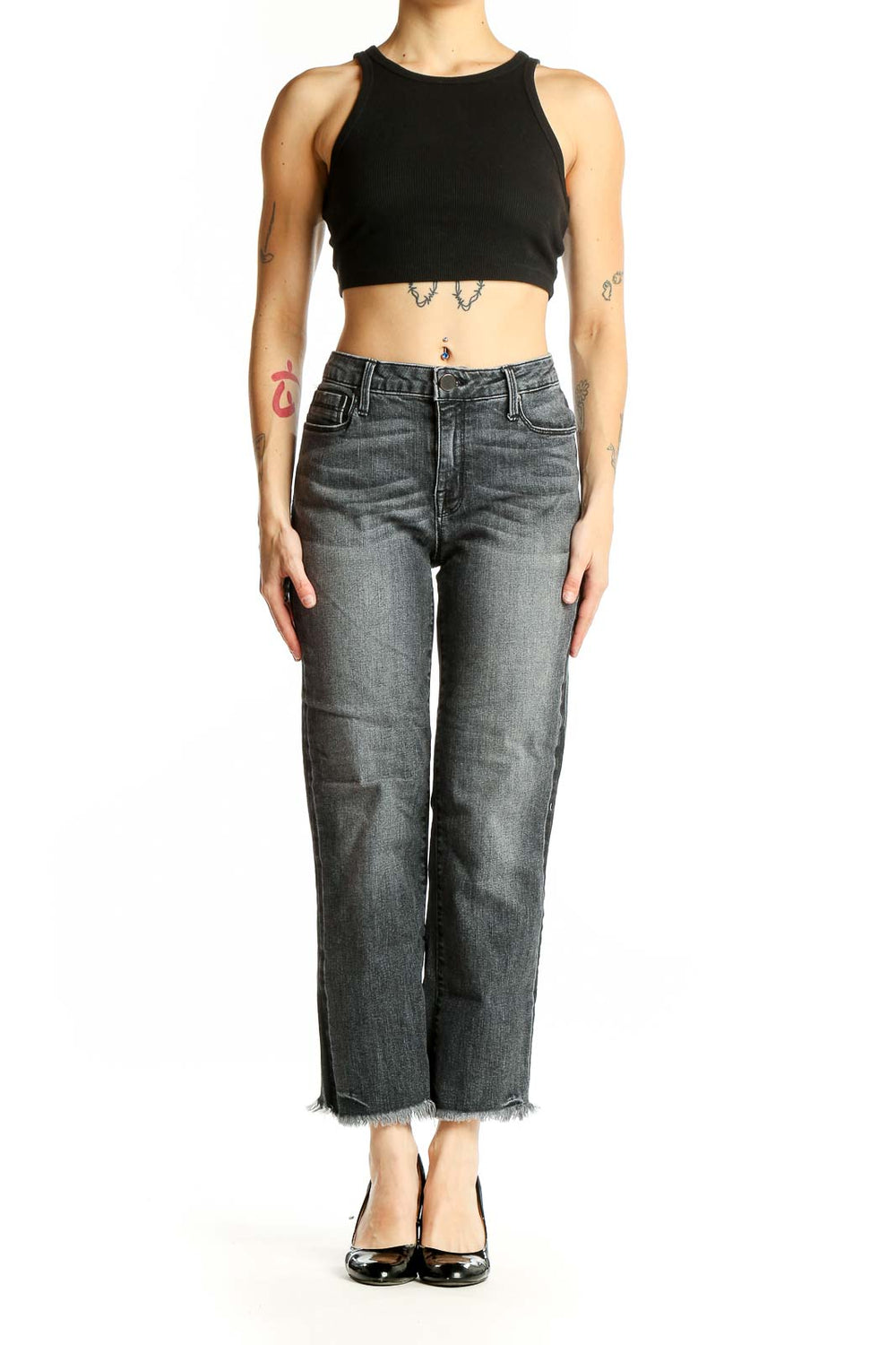 Front view of PS Parker Smith gray distressed cropped straight leg jeans