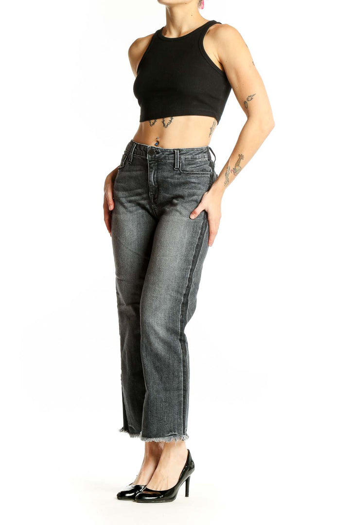 Front view of PS Parker Smith gray distressed cropped straight leg jeans