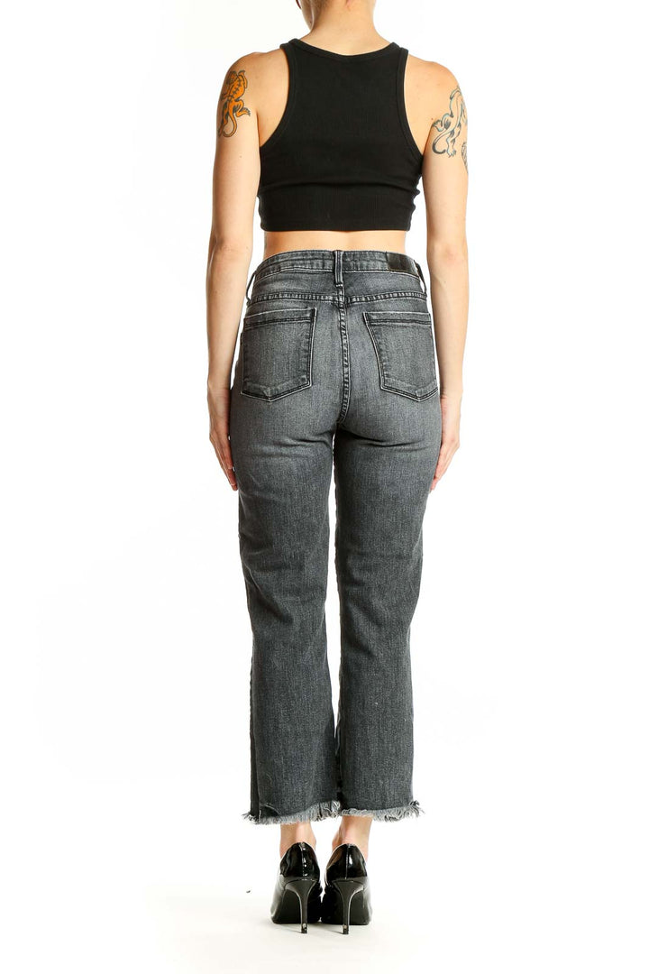 Back view of PS Parker Smith gray distressed cropped straight leg jeans on model