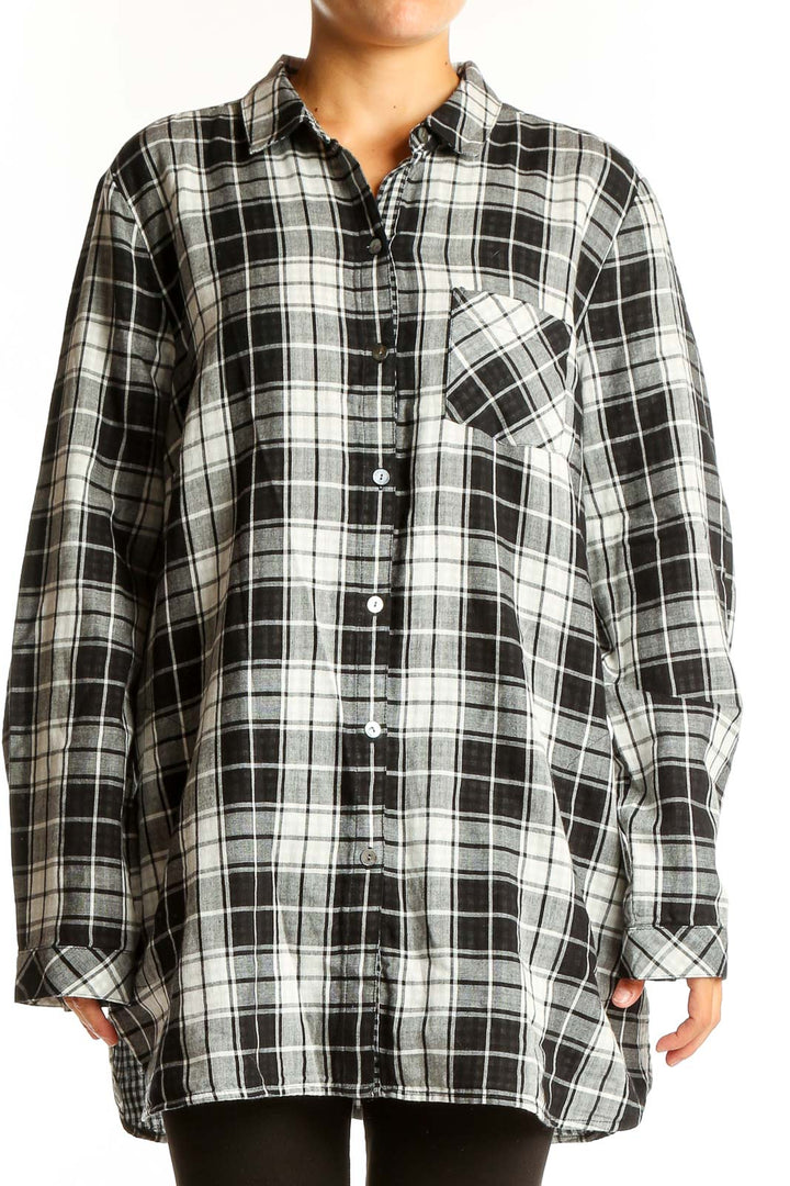 Front view of J.Jill black and white plaid cotton shirt