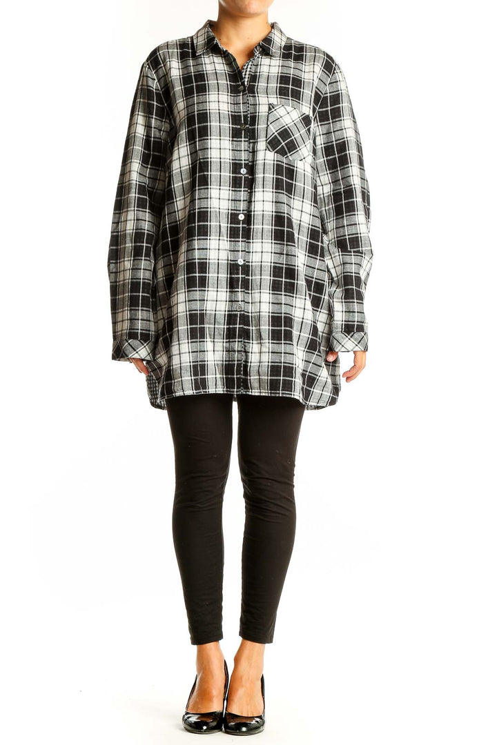Front view of J.Jill black and white plaid cotton shirt