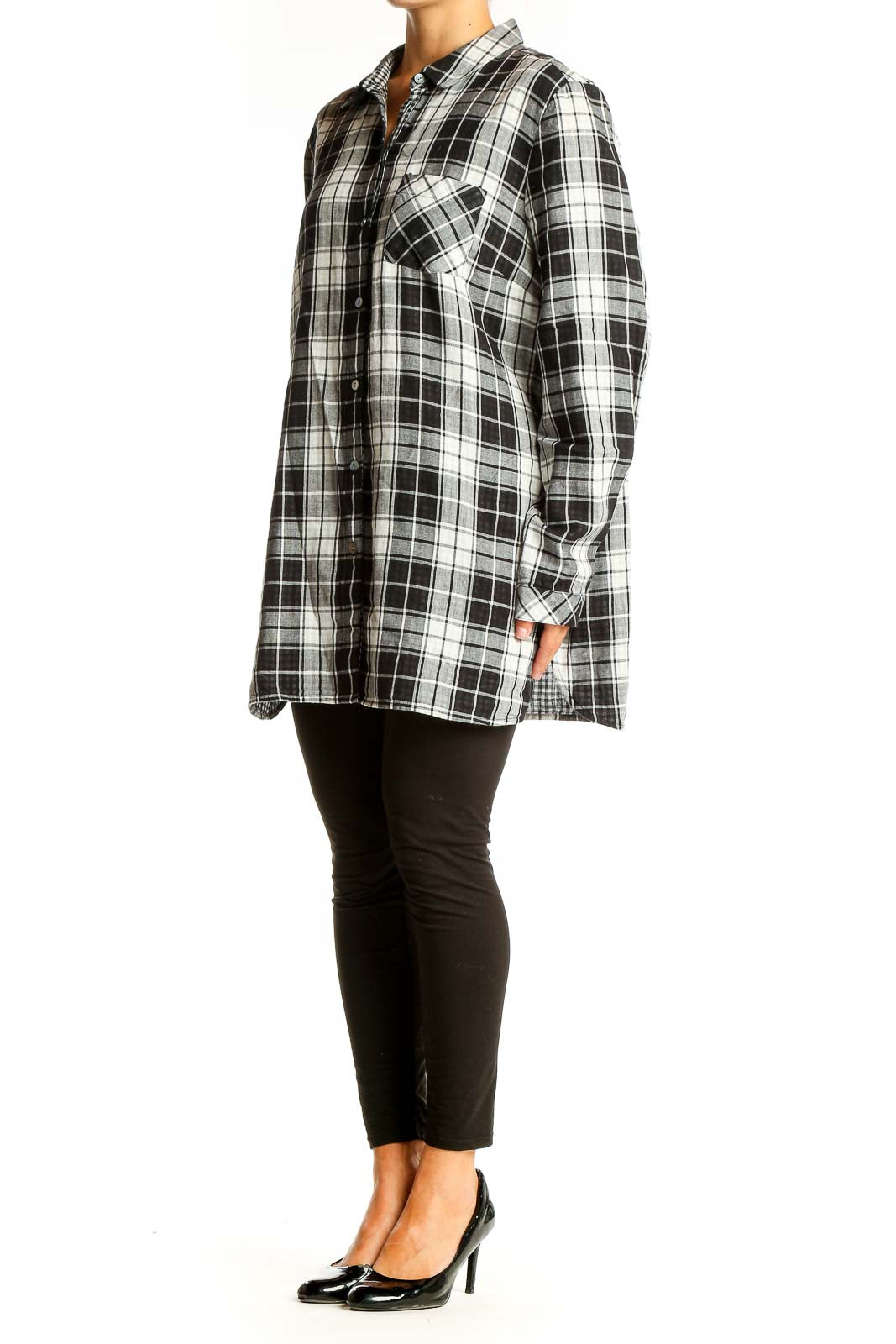 Front view of J.Jill black and white plaid cotton shirt