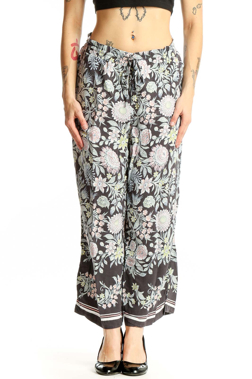 Front view of LOFT gray floral viscose wide-leg pants with drawstring waist
