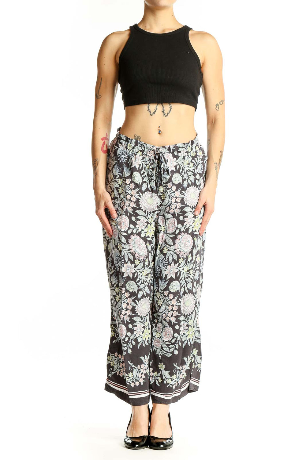 Front view of LOFT gray floral viscose wide-leg pants with drawstring waist