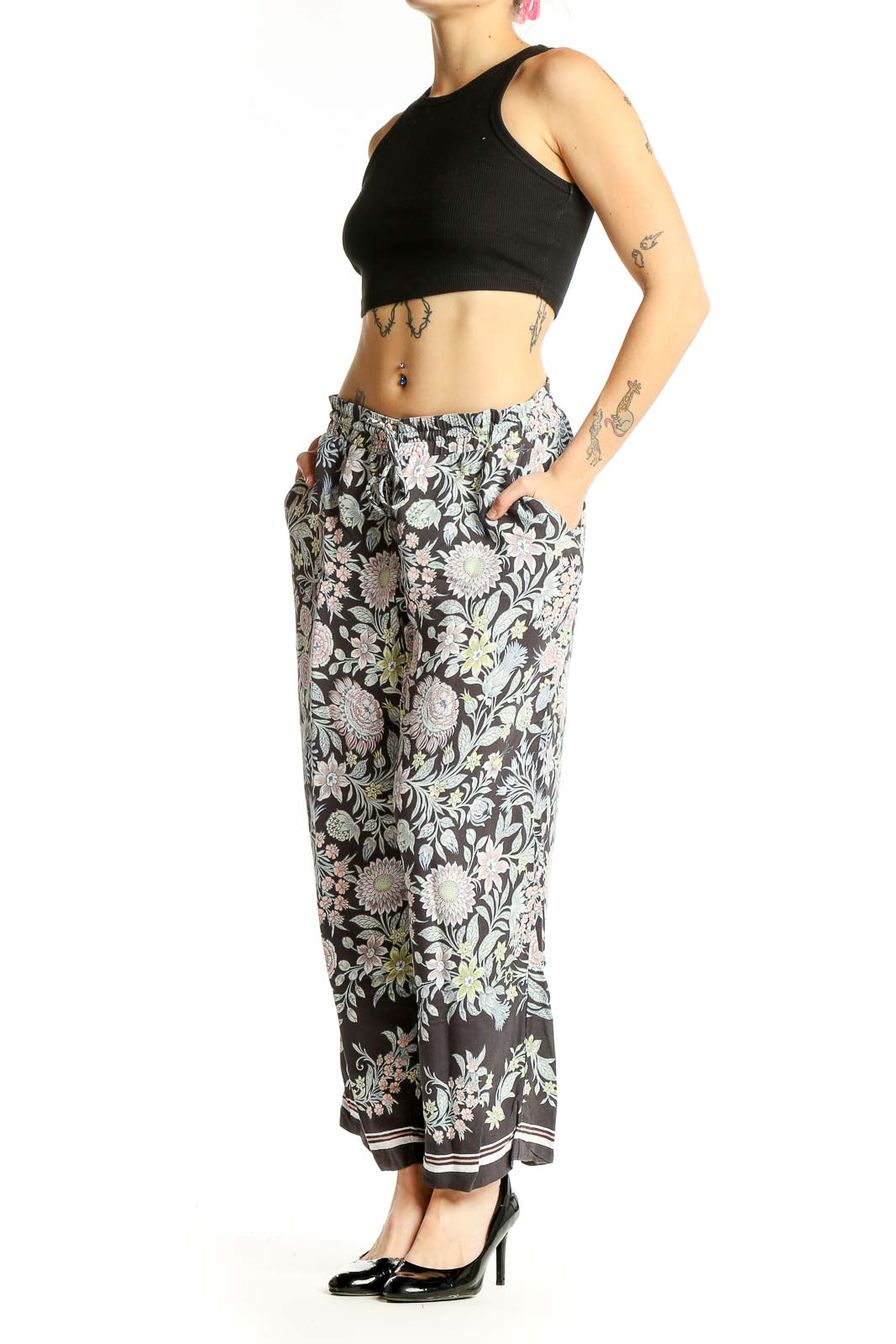 Front view of LOFT gray floral viscose wide-leg pants with drawstring waist