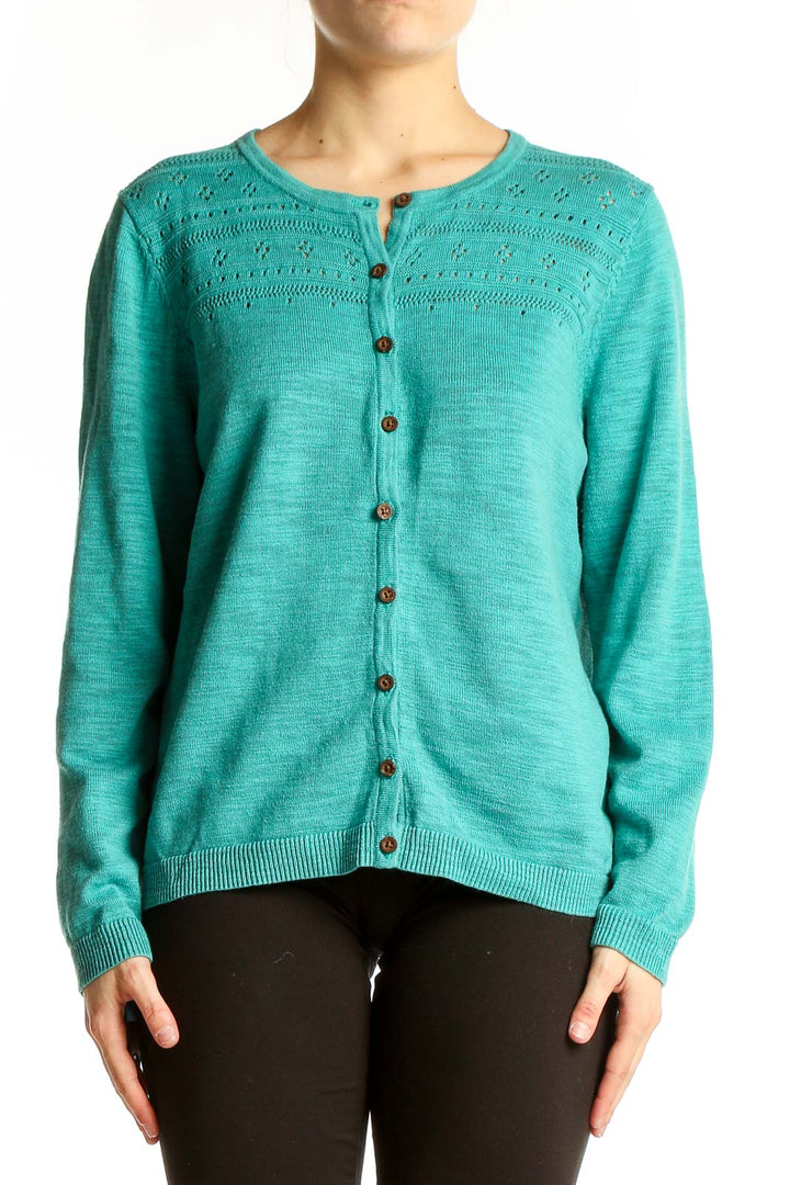 Front view of teal Coldwater Creek knit cardigan with eyelet pattern