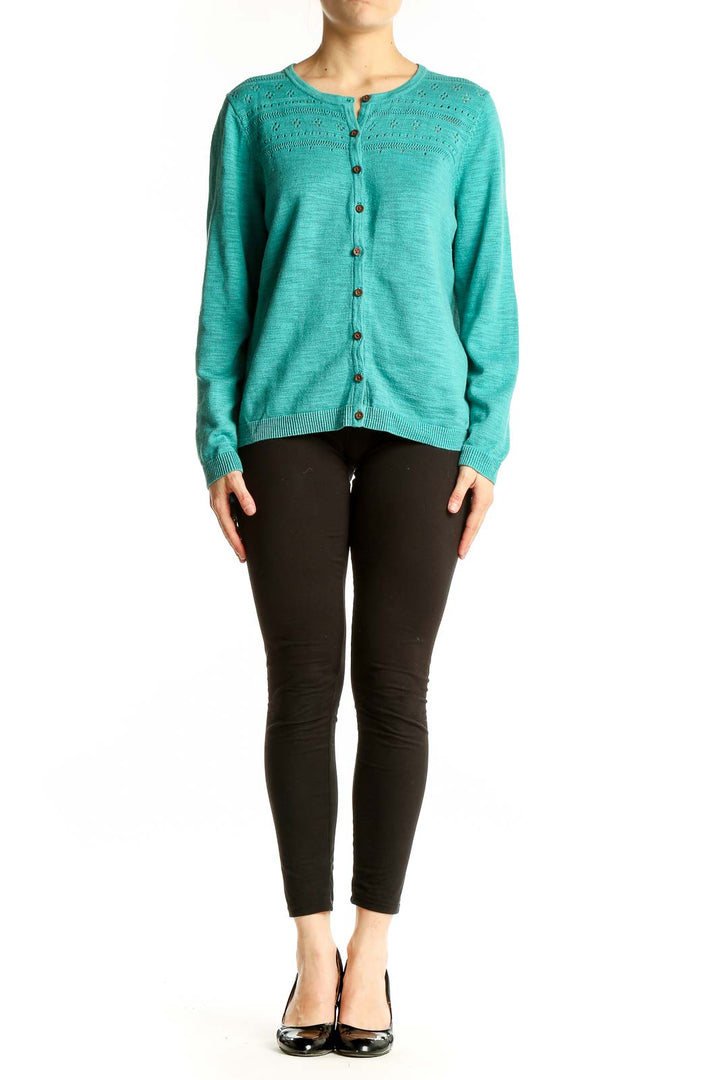 Front view of teal Coldwater Creek knit cardigan with eyelet pattern