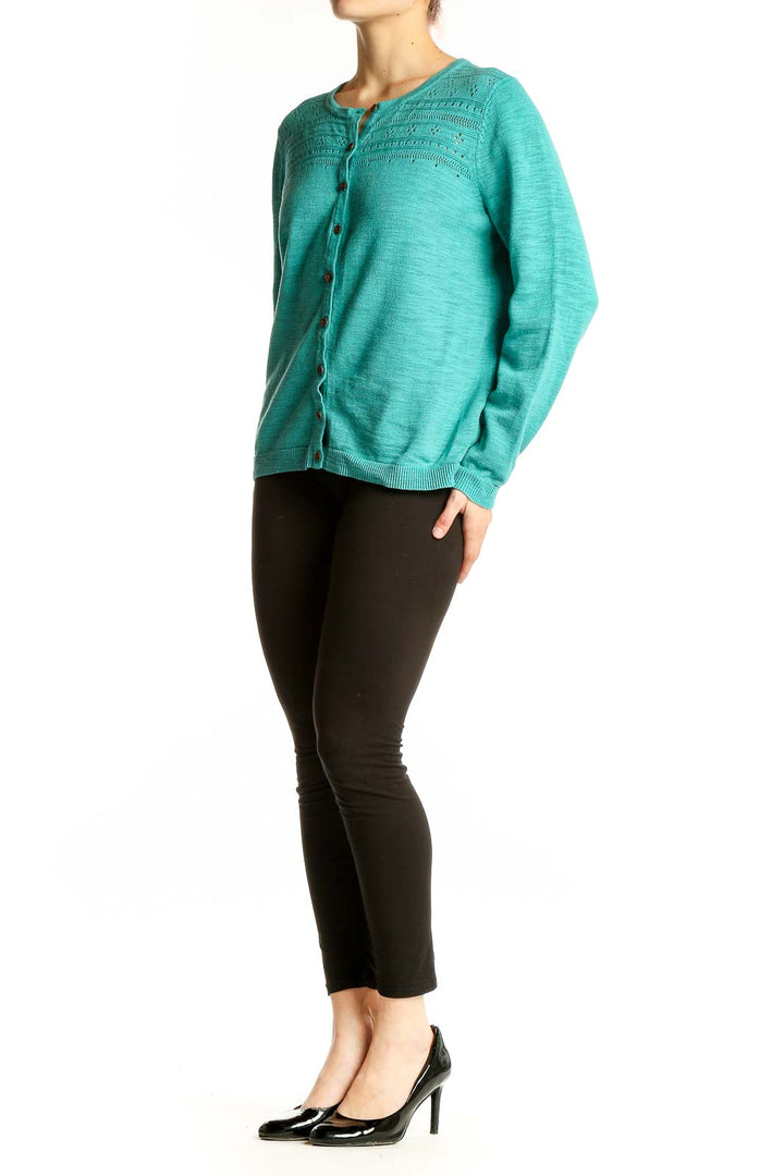 Front view of teal Coldwater Creek knit cardigan with eyelet pattern