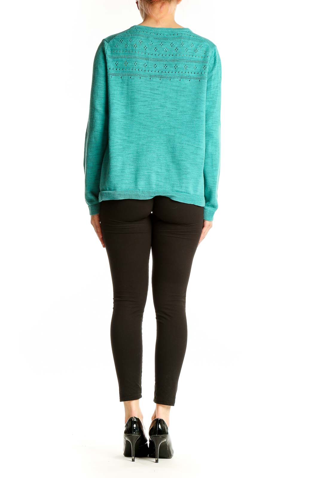 Side view of teal Coldwater Creek knit cardigan buttoned up