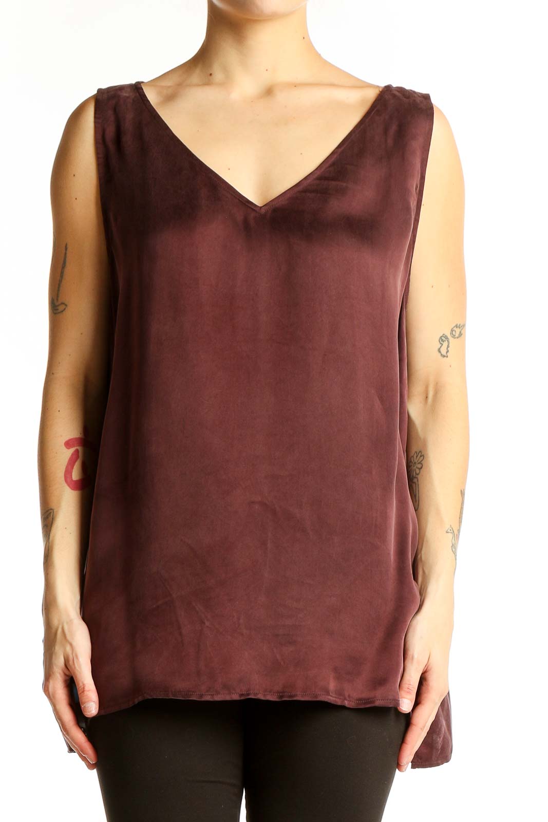 Front view of Eileen Fisher burgundy sleeveless V-neck top
