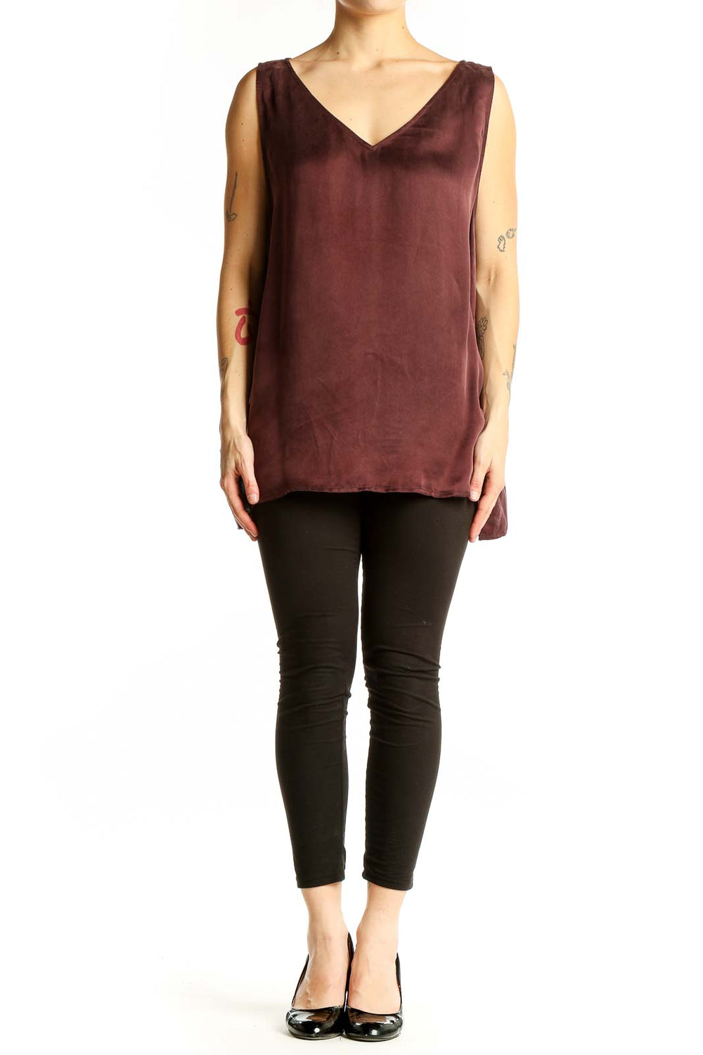 Front view of Eileen Fisher burgundy sleeveless V-neck top
