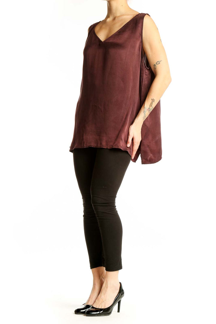 Front view of Eileen Fisher burgundy sleeveless V-neck top