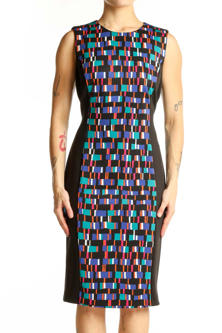 Front view of Calvin Klein multicolor geometric print sheath dress