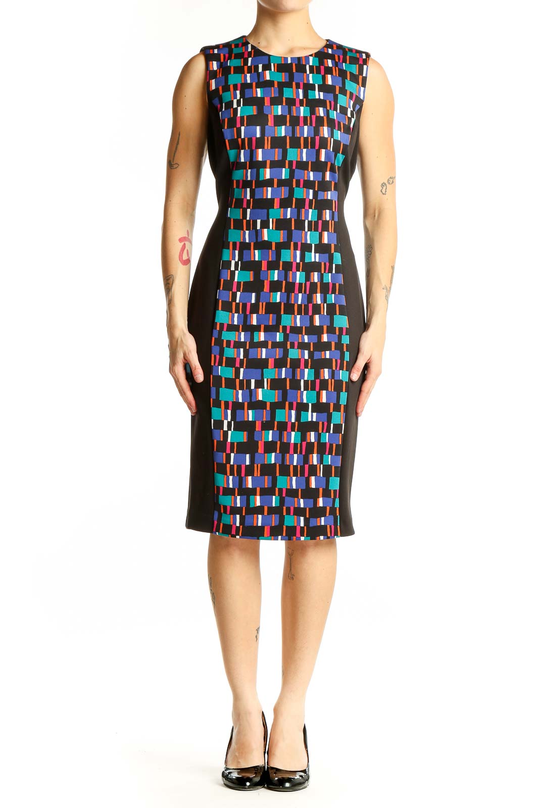 Front view of Calvin Klein multicolor geometric print sheath dress