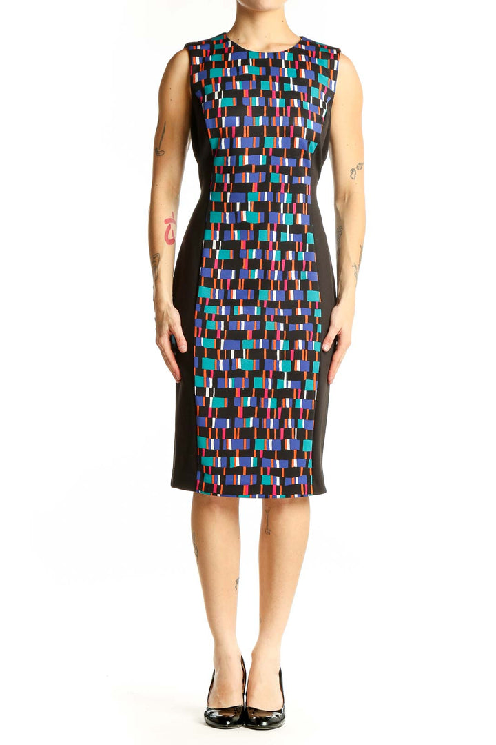Front view of Calvin Klein multicolor geometric print sheath dress