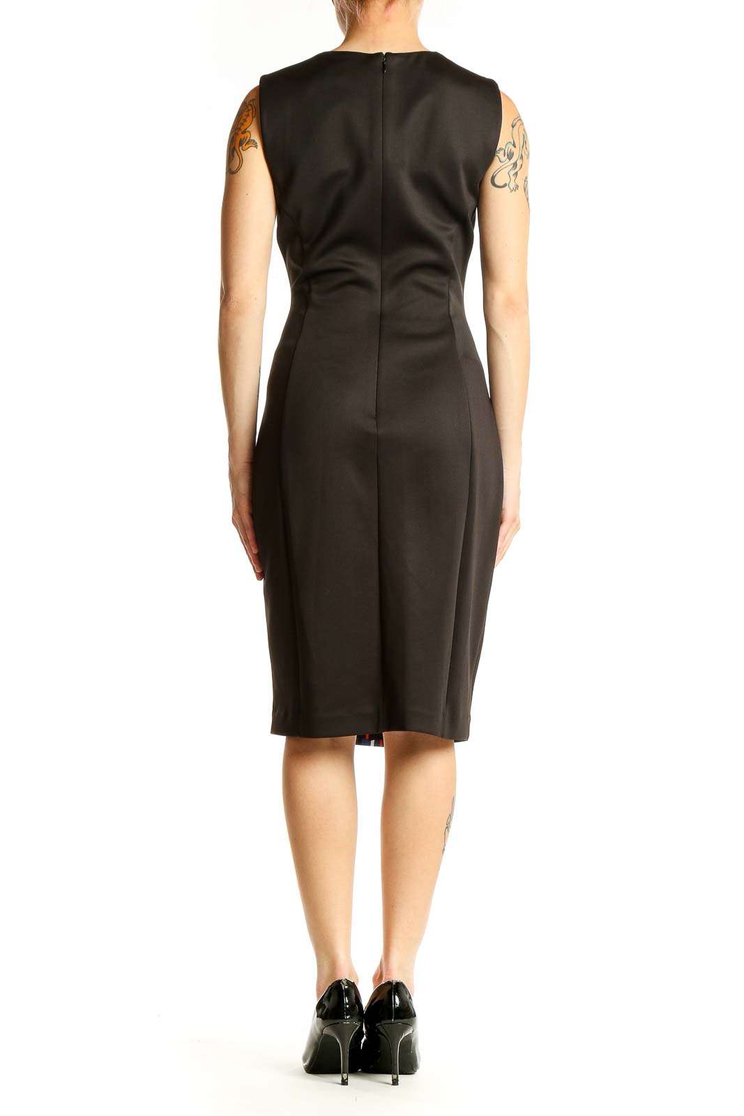 Back view of Calvin Klein multicolor geometric print sheath dress with black sides