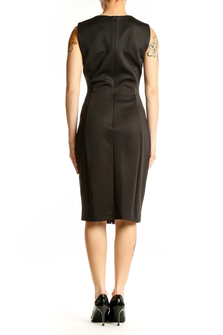 Back view of Calvin Klein multicolor geometric print sheath dress with black sides