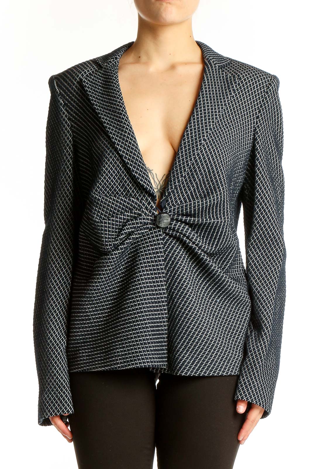 Front view of Armani Collezioni black textured fitted blazer with gathered waist detail