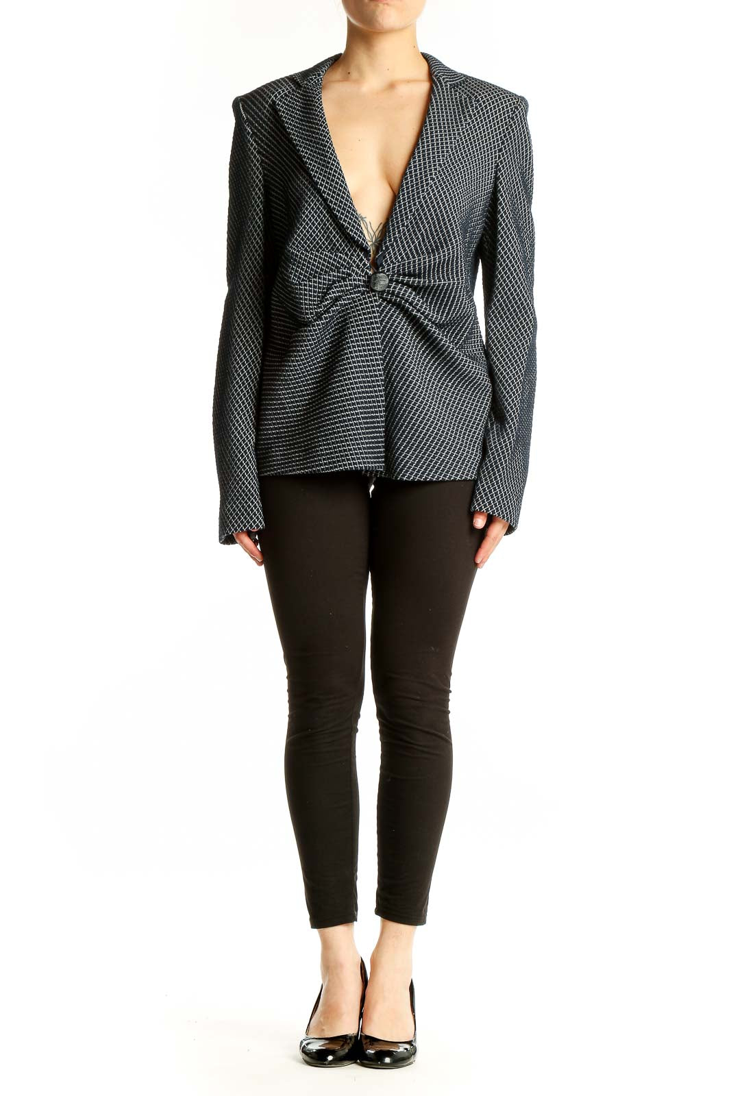 Front view of Armani Collezioni black textured fitted blazer with gathered waist detail