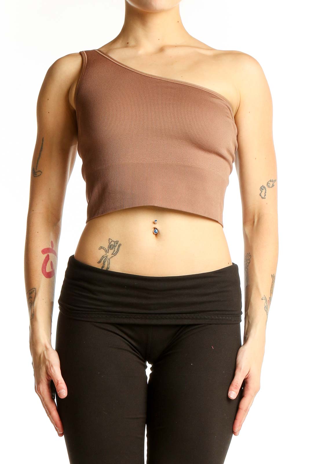 Front view of tan one-shoulder ribbed crop top by Athleta