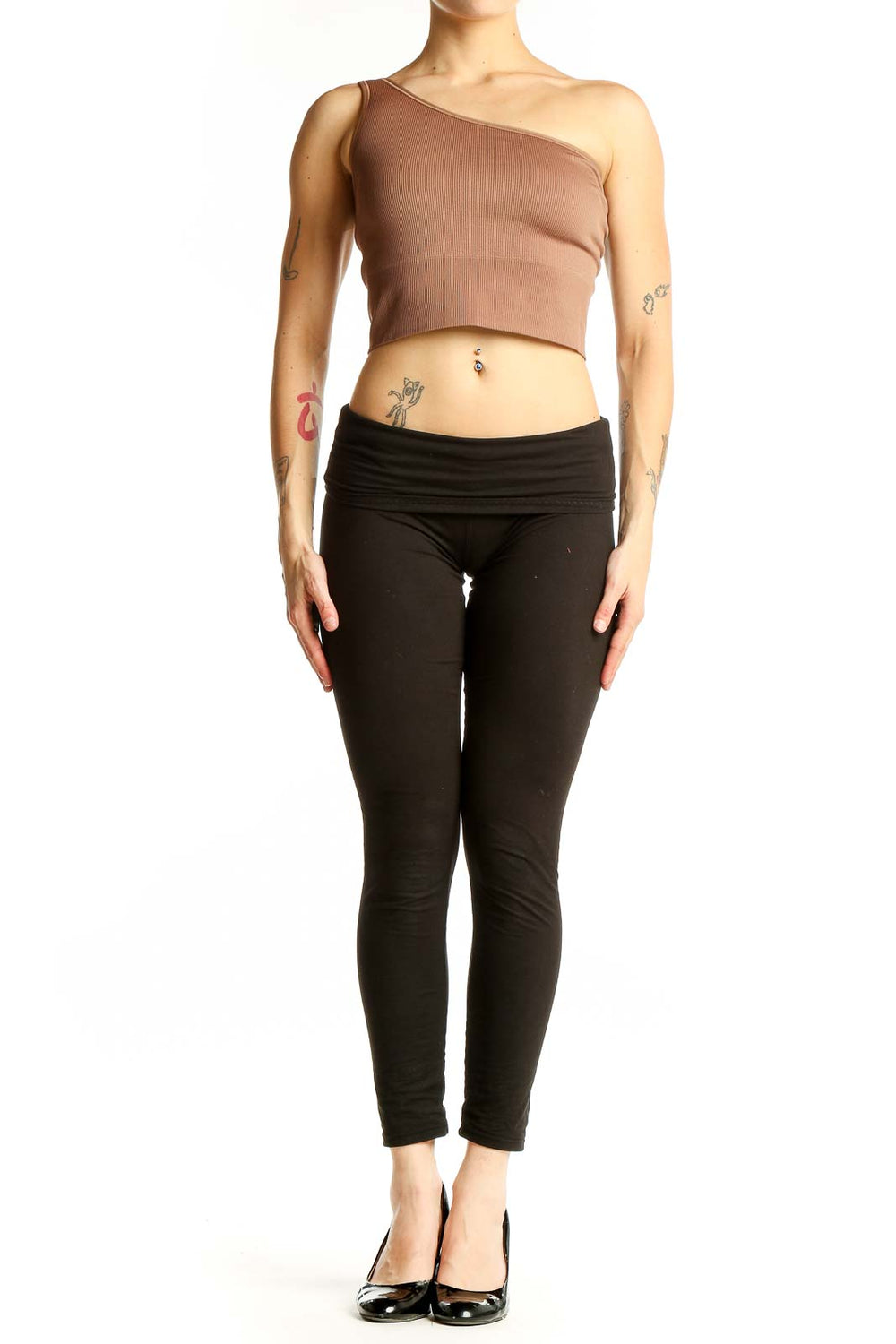 Front view of tan one-shoulder ribbed crop top by Athleta