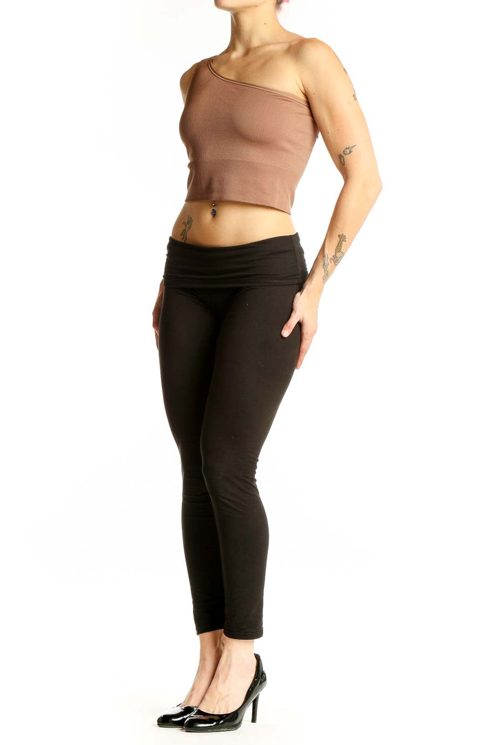 Front view of tan one-shoulder ribbed crop top by Athleta